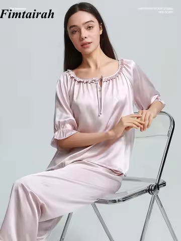 FIMTAIRAH 100% Silk two-piece pajama loose set, spring and summer medium sleeved pajama 6A mulberry 