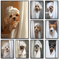Frame Cute Shower Dog Bathroom Decor Poster Dog in Bathtub Print Animal Murals Canvas Painting for H