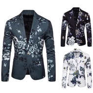 New Men's Suit Jacket Gentleman Fashion Slim Fit Floral Print Long Sleeve Blazer for Party Formal