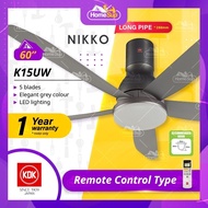 KDK Ceiling Fan K15uw - Long Pipe, Led Lighting, Dc Motor, 9SP Remote, Grey (60″) Nikko Kipas Siling