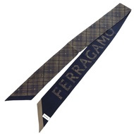 近全新 Salvatore Ferragamo 真絲海軍藍ブラウン圍巾（海軍藍）1880 [二手] Salvatore Ferragamo