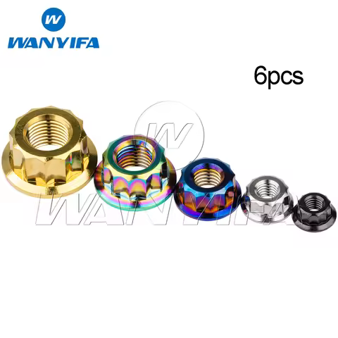 Wanyifa 6pcs Titanium Nuts M5 M6 M8 M10 M12 CNC External 12-Point Flange Nut for Bike Motorcycle Tit