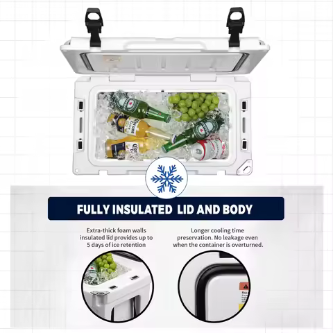 30 QT White Insulated Portable Cooler Box 5 Days Ice Retention Lightweight Ice Chest Box For BBQ Cam