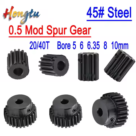 Hongtu 45# Steel Blackened Spur Gear (1Pc) - 0.5 Mod 20T/40T, 5-10mm Bore (5/6/6.35/8/10mm) | Motor 