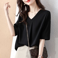 2025 Summer Classic Chiffon Summer Korean Version Drape Intellectual V-Neck Shirt Short-Sleeved T-Sh
