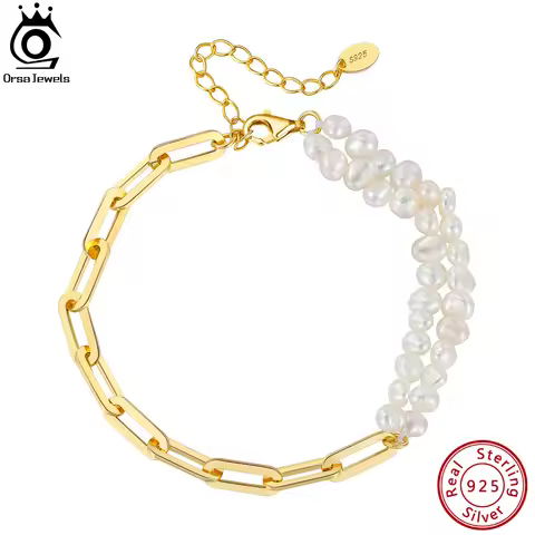 ORSA JEWELS Original 14K Gold Plated Baroque Natural Freshwater Pearl Ladies Bracelet with Paperclip