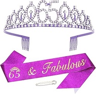 65th Birthday Sash and Crown for Women Purple Tiara Crown and 65 & Fabulous Sash 65th Birthday Decor