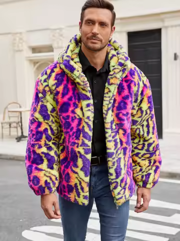 New Men's Faux Fur Color Leopard Print Jacket, Plush Contrasting Color Warm and Thick Leopard Print 