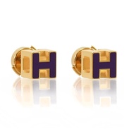 HERMES Cage DH立體H LOGO耳針式耳環.金/深紫