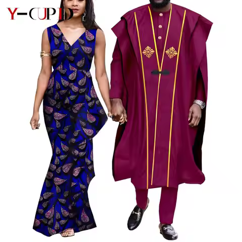 African Couples Matching Clothing Set Wedding Dashiki Women Print Long Dresses Bazin Men Shirt Pant 