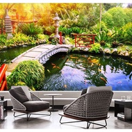 PRINTING WALLPAPER 3D WALLPAPER CUSTOM DINDING TAMAN JEMBATAN SUNGAI IKAN HIAS