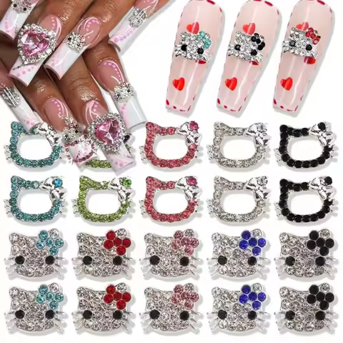 10Pcs 3D Full-Diamond Luxury Alloy Kitty Nail Charms 13x8mm Pink/Red/AB Mini Glitter Crystal Nail Ar