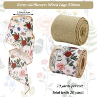 2 Roll Vintage Floral Wired Edge Ribbon 20 Yard 2.5 Inch Wildflower Fabric Ribbon for Bow Wreath Cra
