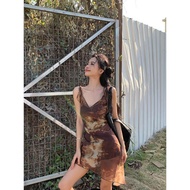 [Bangbang] Fashionable June 26 June 8th Simon Lena Retro Tie-Dye Gauze v-Neck Sling Dress Female Irr