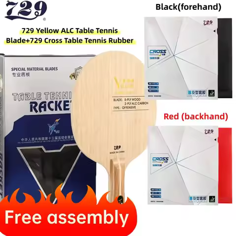 729 Blue & yellow ALC Table Tennis Blade with 729 Cross red & black Table Tennis Rubber Free assembl
