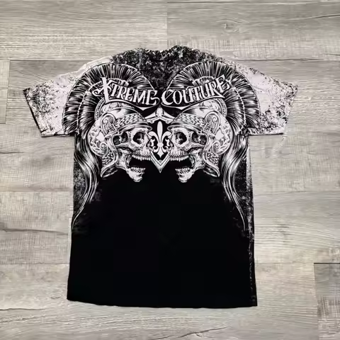 Y2K Vintage Gothic T-Shirt Skull Print Streetwear Tee Harajuku Style Distressed Cotton Shirt for Men