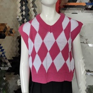 Vest Rajut Crop Argyle Motif Ketupat/Rompi Rajut Wanita Crop Korean Style/Outer Crop