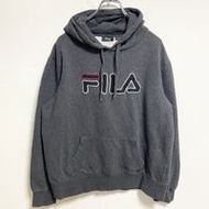古著 FILA 長袖連帽衫，帶有大徽標刺繡，復古設計，袋鼠口袋，灰色，XL 碼