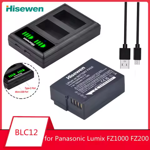 DMW-BLC12 BLC12E Battery+LED USB Charger with Type C Port for Panasonic Lumix FZ2000 FZ200 FZ300 G5 