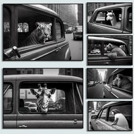 Funny Animal in Vintage Car NYC Poster Retro Black White Wall Art Print Lion Tiger Llama Humor Unfra