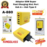Kingglass A-880 65W 6-in-1 Charger Adapter with USB A Port + USB Type C Batok Original Fast Charging