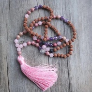 Stock in SG-hand knotted 108 amethyst, rose quartz, jingang bodhi beads, lotus charm mala meditation necklace (+ pouch)