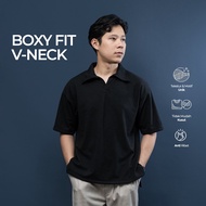 Fatto A Mano Poloshirt Boxy fit Men's V-Neck Open Collar Cut Thick Knit Men's Collar T-Shirt Black P