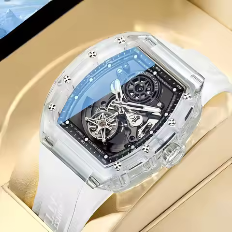 BONEST GATTI Luxury Men Automatic Tourbillon Watch Hollow Out Dial Crystal Case Sapphire Luminous Ru