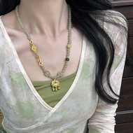 Ruyi Lock Necklace Women's Safety Lock Pendant Beaded Necklace Green Stone Beaded Necklace