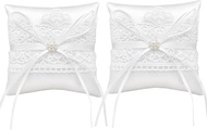 2 PCS Ring Bearer Pillow Lace Pearl Ring Pillows with Bowknot for Ceremony Wedding Party Anniversary
