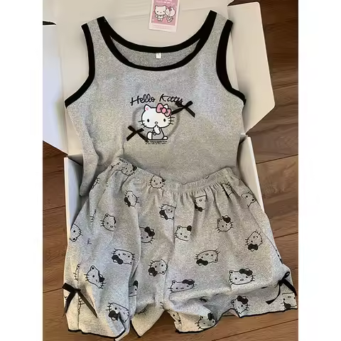 Sanrio Hello Kitty Tank Top Shorts Two-piece Set Pajamas Casual Fashion Home Suit Set