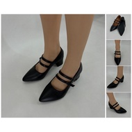 Beautiful Girl Black T-Strap Mary Jane Shoes High Heels Pointed Thick Horseshoe Heels 992-18
