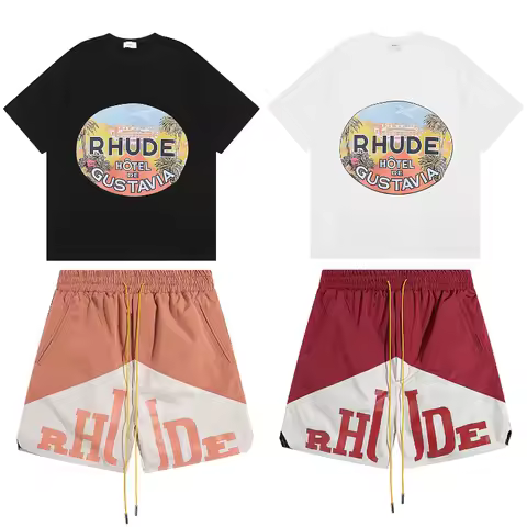 2026 New Rhude Men's Set of Clothes Split Design Drawstring Casual Shorts Beach Shorts with Big Logo
