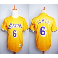 LEBRON JAMES 6 SLEEVE LAKERS BASKETBALL JERSEY YELLOW MITCHELL&NESS