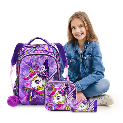 3PCS set Backpack For Girls Kids School BookBag With Lunch And Pen Bag Purple Unicorn Cute sequin Gl