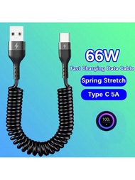 66w 5a Usb Type C彈簧式拉伸可擴充式汽車快充電纜,適用於三星galaxy S23+ S20 S10 S9小米k50紅米華為p40 P60安卓手機配件usb C資料線