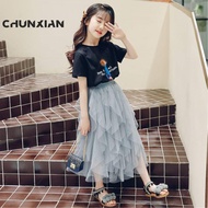 [2-14Y] Baju Budak Perempuan Set Short Sleeve Tshirt+Skirt Mesh Baju Dress Budak T Shirt Budak Perem