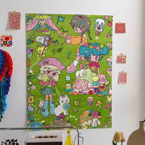 Y2K Cute Cartoon Pattern Tapestry 1pc Niche Splicing Elements Hanging Cloth for Bedroom Wall Decor B