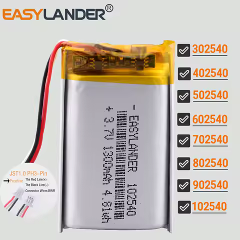 JST1.0mm 3Pin 3.7V 1300mAh 102540 Lithium Li-ion Lipo Polymer Battery 302540 402540 502540 602540 70