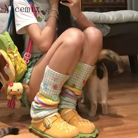 Nicemix Japanese Igari Cutecore Plaid Rainbow Button Leg Warmers Women Y2K Soft Girly Knit Pastel Le
