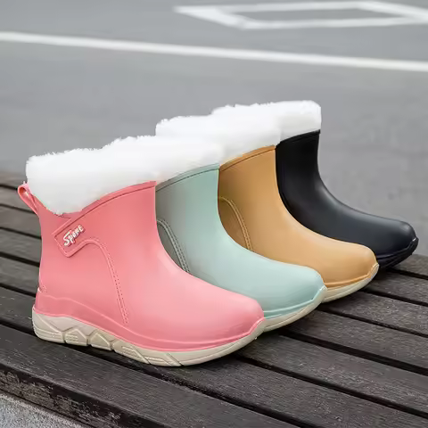 Women's Waterproof Plush Chelsea Bootie Chelsea Boot Non-slip Lightweight Rain-boots Velvet Warm Wat