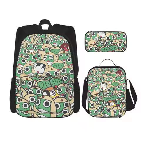 Sergeant Keroro Frog Backpacks Boys Girls Bookbag School Bags Rucksack Lunch Bag Pen Bag Three-Piece