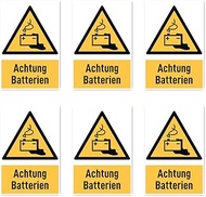 Stickers: 75 x 50 mm, Pack of 6 – Warning Batteries – Warning Sign with Text (German) (Yellow/Black)