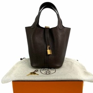 △ Hermes 愛馬仕 46 Ebene Clemence Calfskin Gold Plated Metal Picotin 18 Hand Bag Stamp Z 46烏木色粒紋小牛皮鍍金金屬