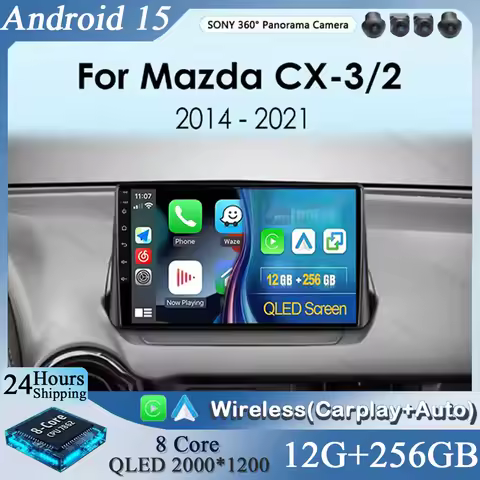 For Mazda CX-3 DK Mazda 2 DJ 2014 - 2023 Android 15 Carplay Auto 360 Camera Car Radio Multimedia Vid
