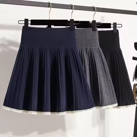 Plus Size Plus Size Women's Autumn Winter High Waist Lace Trim Knitted Pleated Mini Skirt Fashionabl