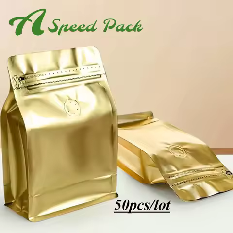 50pcs Resealable Shy Gold 100g 250g 500g 1kg Roast Coffee Bean Powder packaginge Bags with valve and