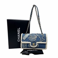 「JL精品代購」 98新 Chanel走秀款羊羔毛牛仔埃及楔形文字刺繡系列CF雙鏈條翻蓋包