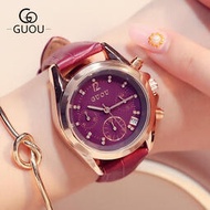 GUOU古歐多功能三眼大表盤皮帶手表學生女款紫色石英水鉆手表