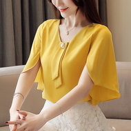เสื้อสตรีแขนยาวคอวีผ้าชีฟองลำลองฤดูร้อนแขนพองธรรมดา